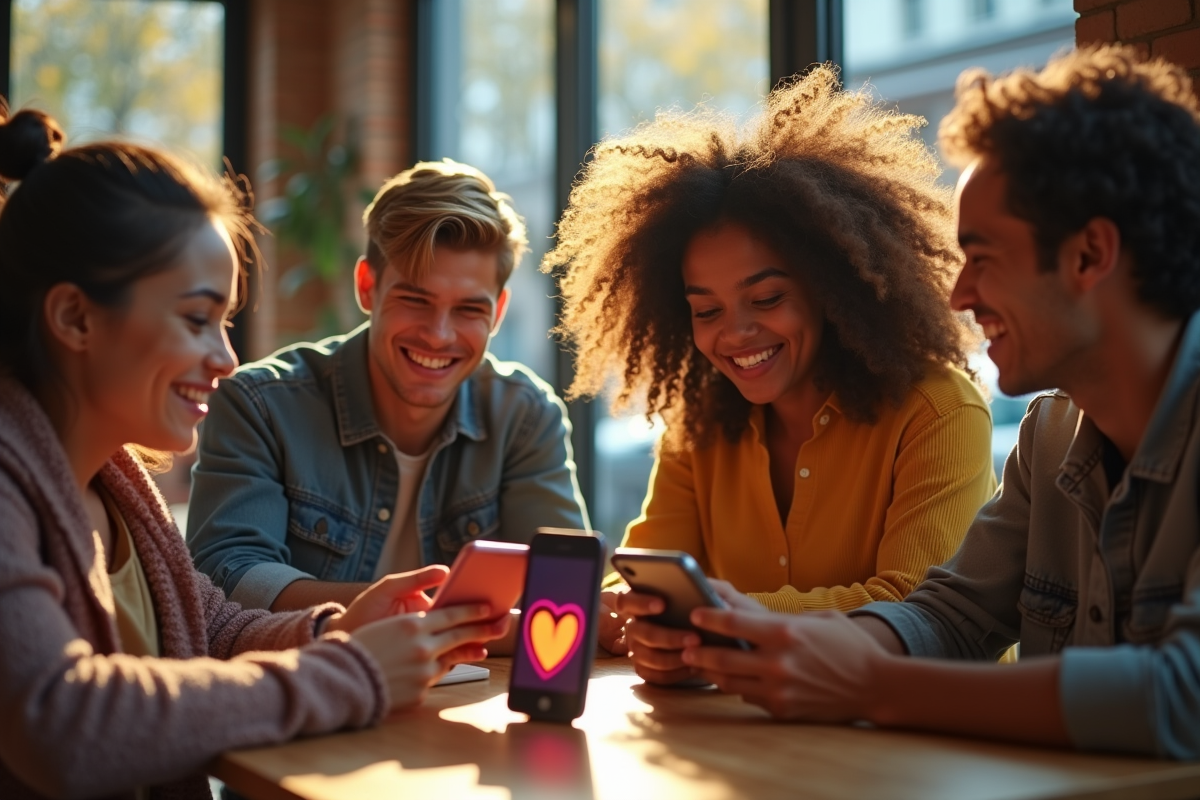 Groupe d'amis souriants au café regardant leurs téléphones