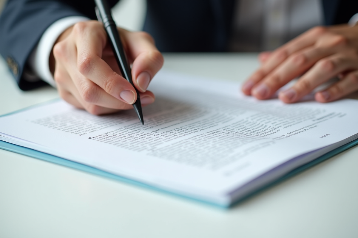 Mains annotant un article du Code civil sur une table blanche