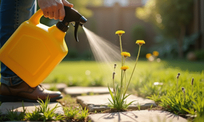 Personne arrosant les pissenlits entre pavés dans le jardin