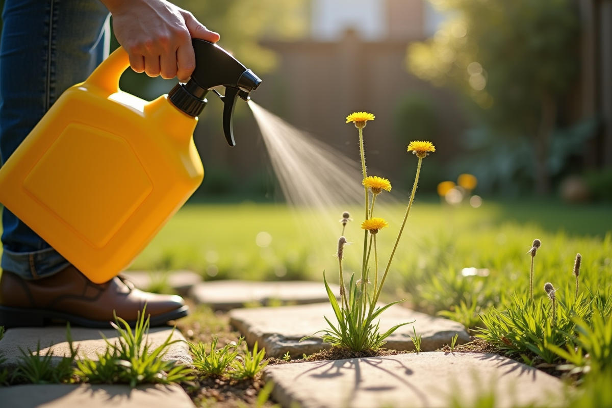 Personne arrosant les pissenlits entre pavés dans le jardin