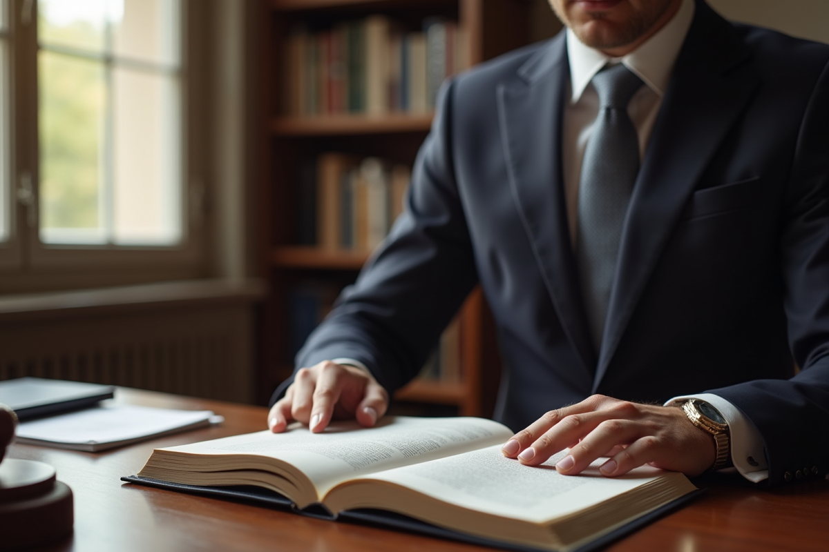 Avocat lisant le Code civil dans un bureau élégant