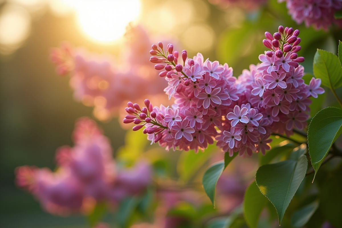 Gros plan sur un buisson de lilas au matin lumineux