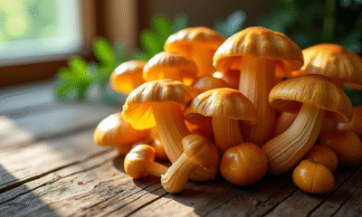 Champignons girolle frais sur une table en bois rustique