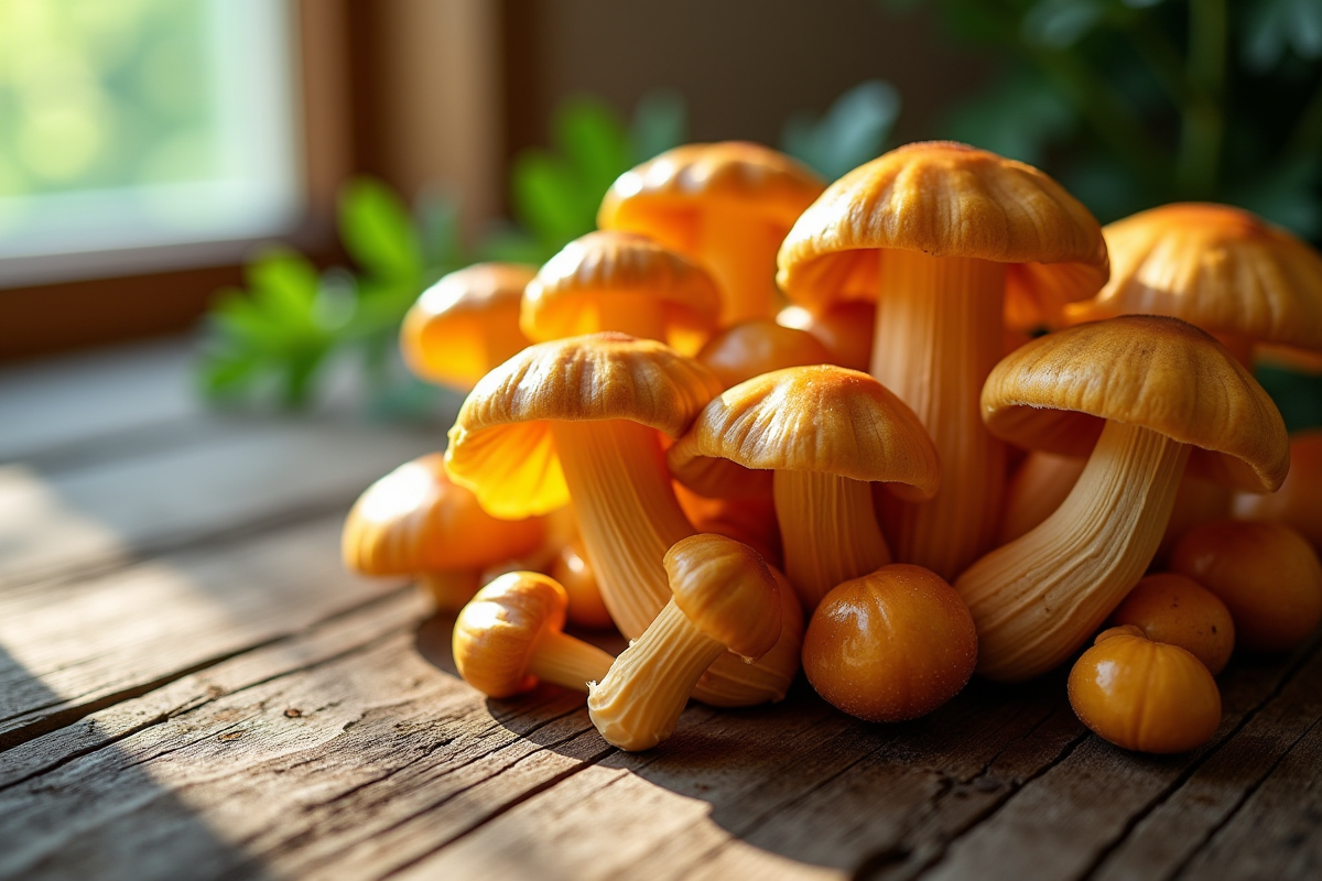 Champignons girolle frais sur une table en bois rustique