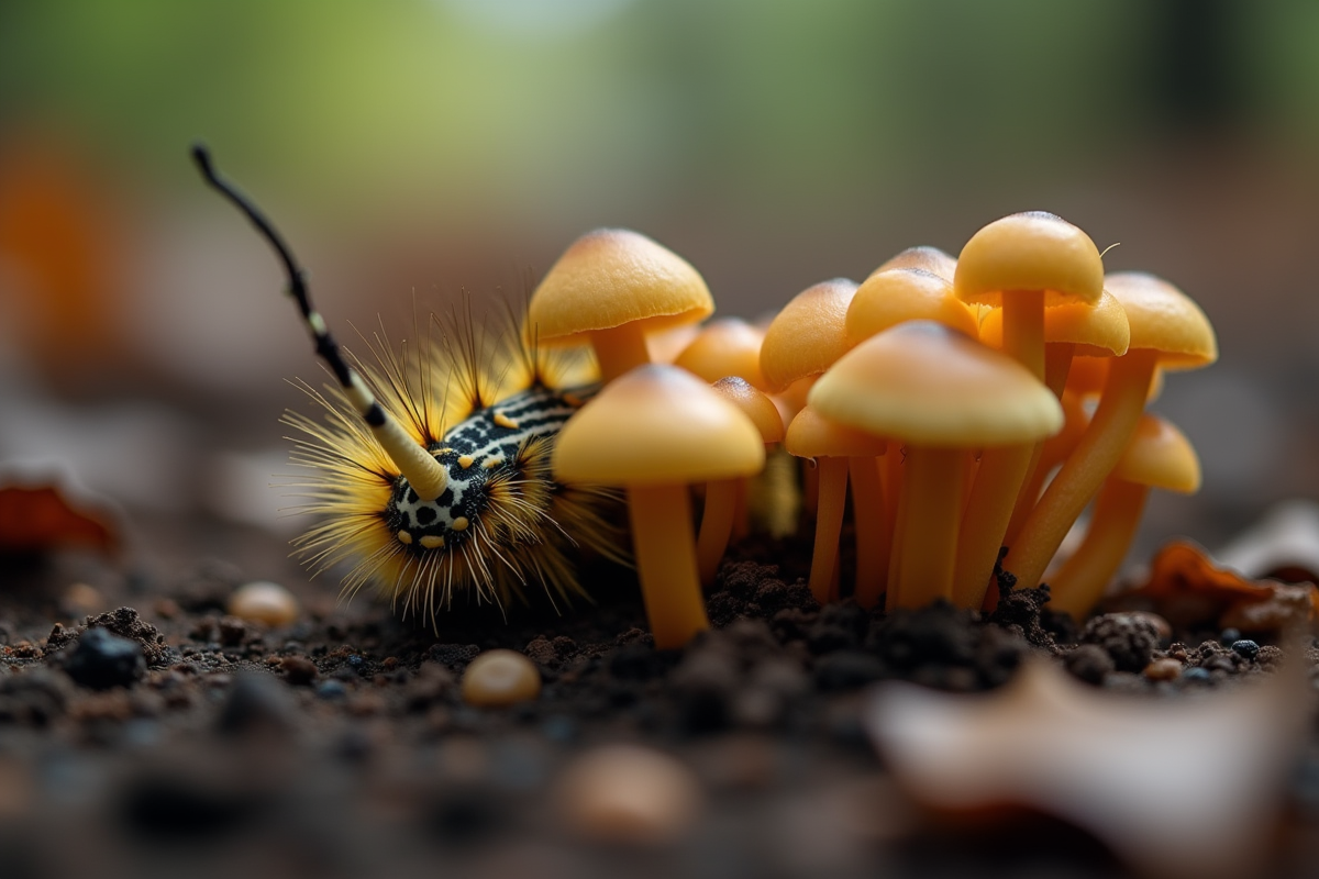 Chenille sous champignons sur sol forestier humide
