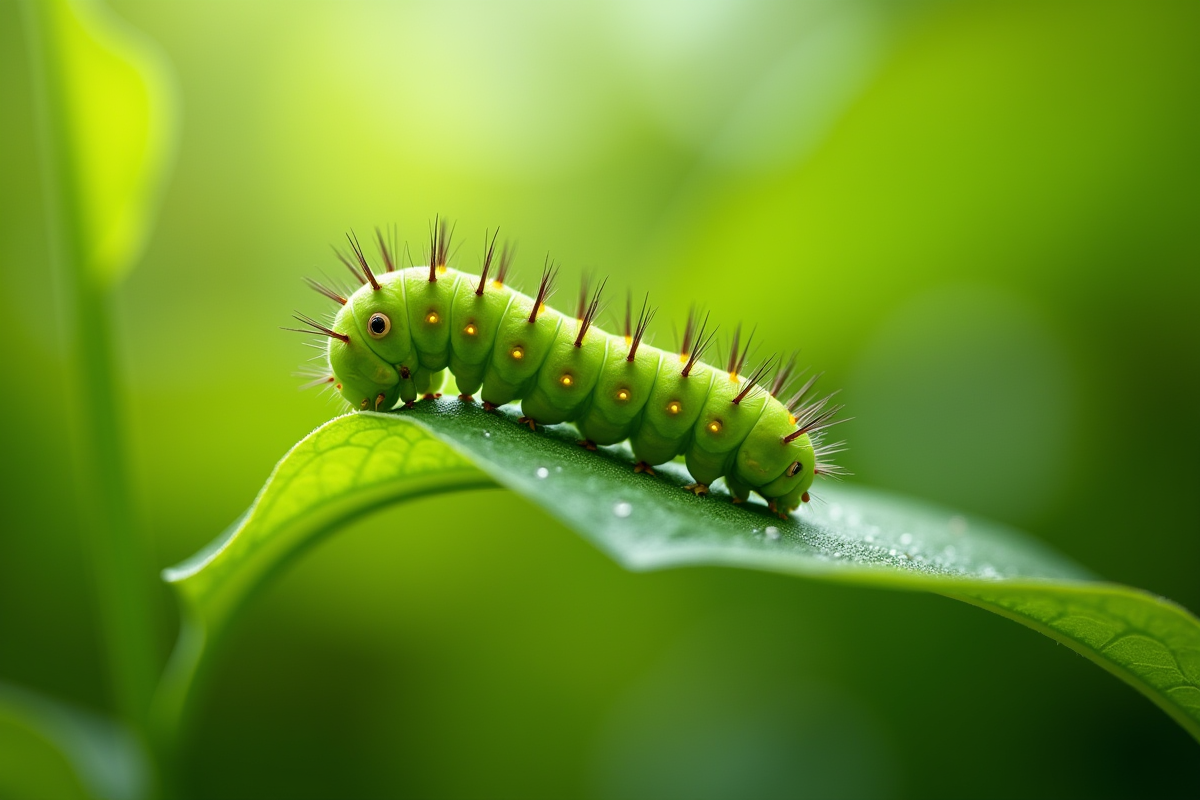 Chenille verte sur une feuille en plein jour