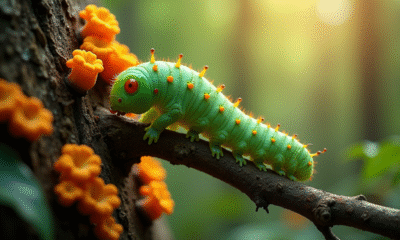 Chenille verte sur branche avec champignons orange