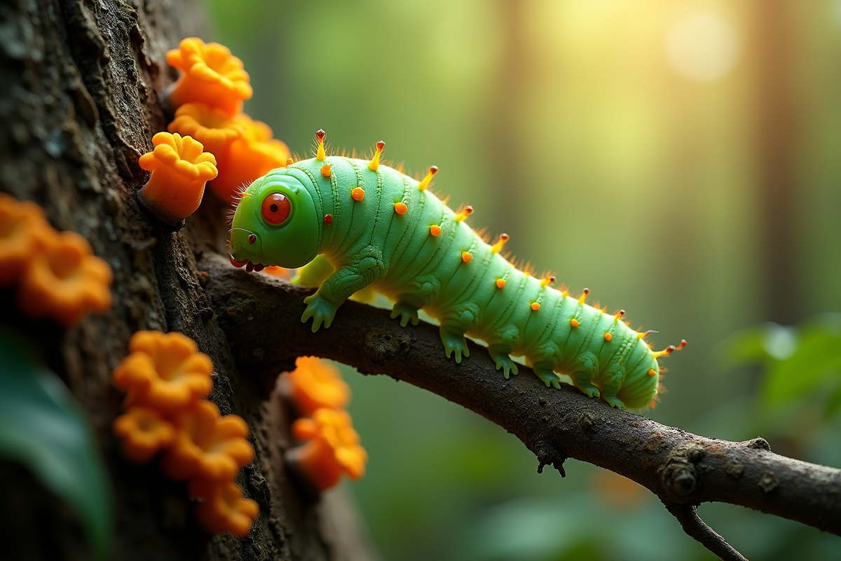 Chenille verte sur branche avec champignons orange