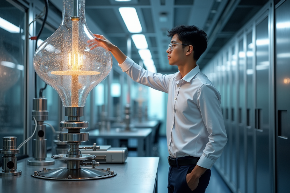 Jeune chercheur ajustant un chandelier dans un laboratoire futuriste