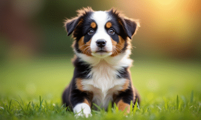 Chiot Australian Shepherd assis dans un jardin ensoleille