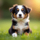 Chiot Australian Shepherd assis dans un jardin ensoleille