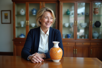 Femme inspectant un vase en enamel Longwy dans sa collection