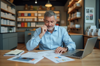 Homme commerçant au bureau avec documents et ordinateur