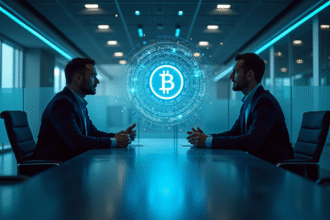 Professionnels discutant autour d'une table avec hologramme blockchain lumineux