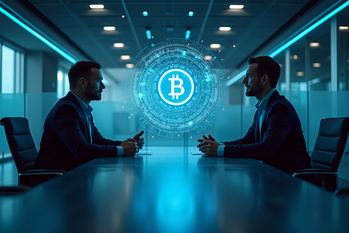 Professionnels discutant autour d'une table avec hologramme blockchain lumineux