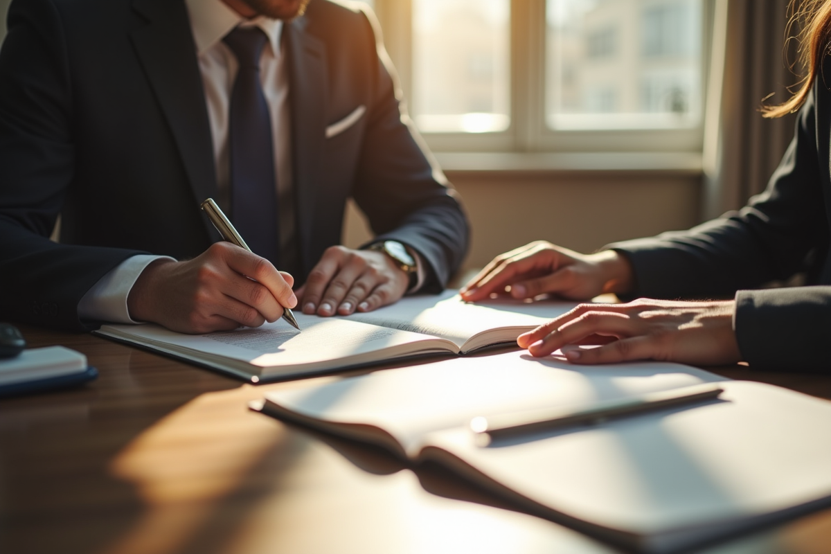 Conseiller juridique examinant des documents avec livre de droit