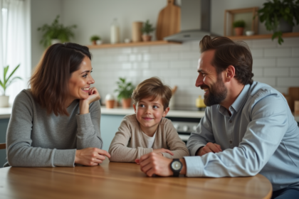 Femme et homme discutent avec un enfant dans une cuisine chaleureuse