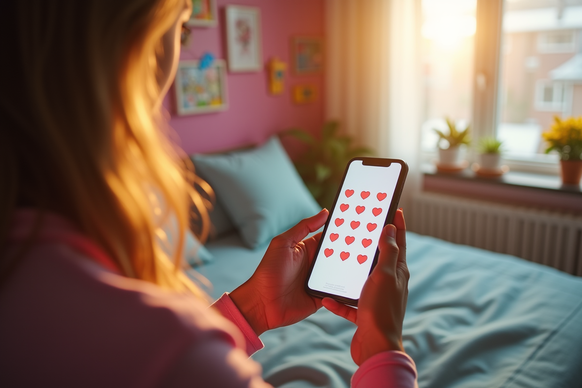 Main tenant un smartphone avec conversation Snapchat et cœurs rouges