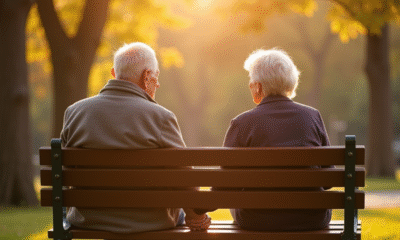 Couple agee main dans la main sur un banc en plein air