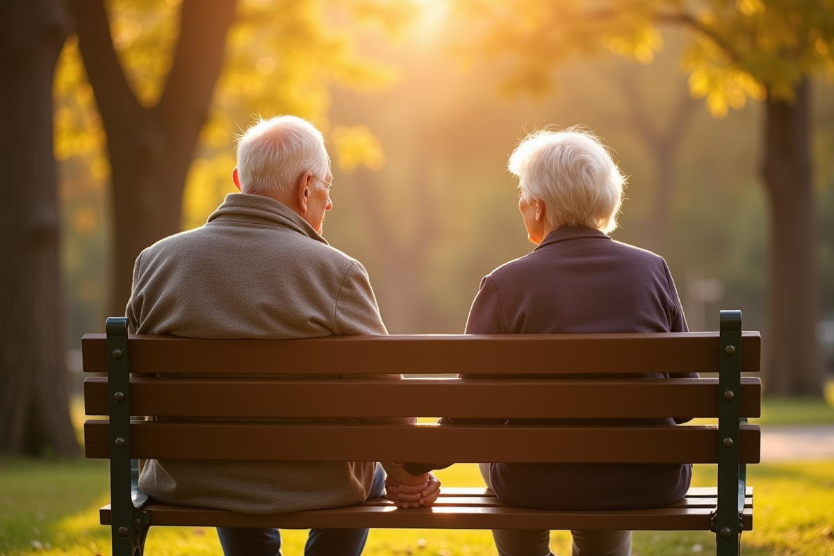 Couple agee main dans la main sur un banc en plein air