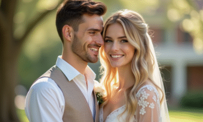 Jeune couple souriant lors d'un mariage budget en pastel
