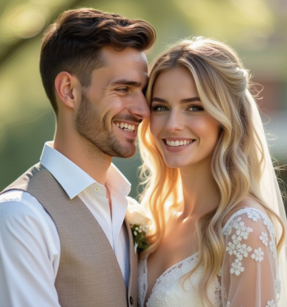 Jeune couple souriant lors d'un mariage budget en pastel