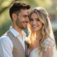 Jeune couple souriant lors d'un mariage budget en pastel