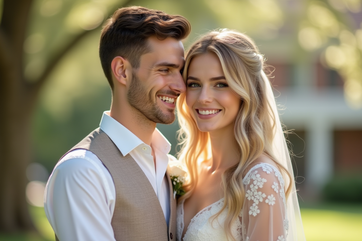 Jeune couple souriant lors d'un mariage budget en pastel