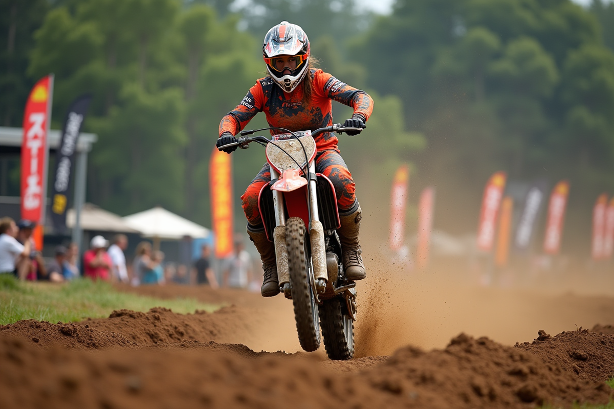Femme en motocross sautant sur sa moto 150cc lors d