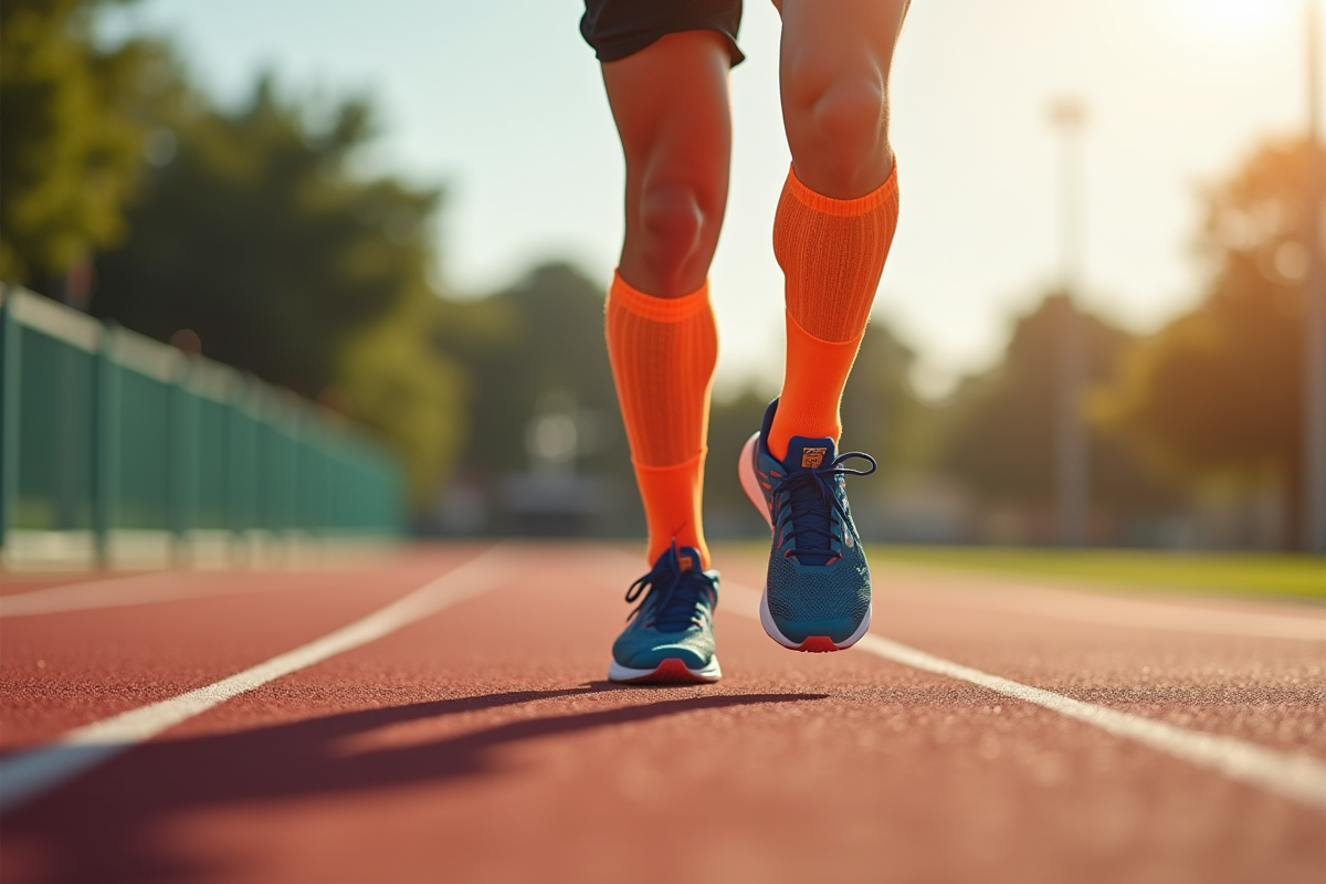 Jambes en mouvement avec chaussettes Kiprun sur piste extérieure