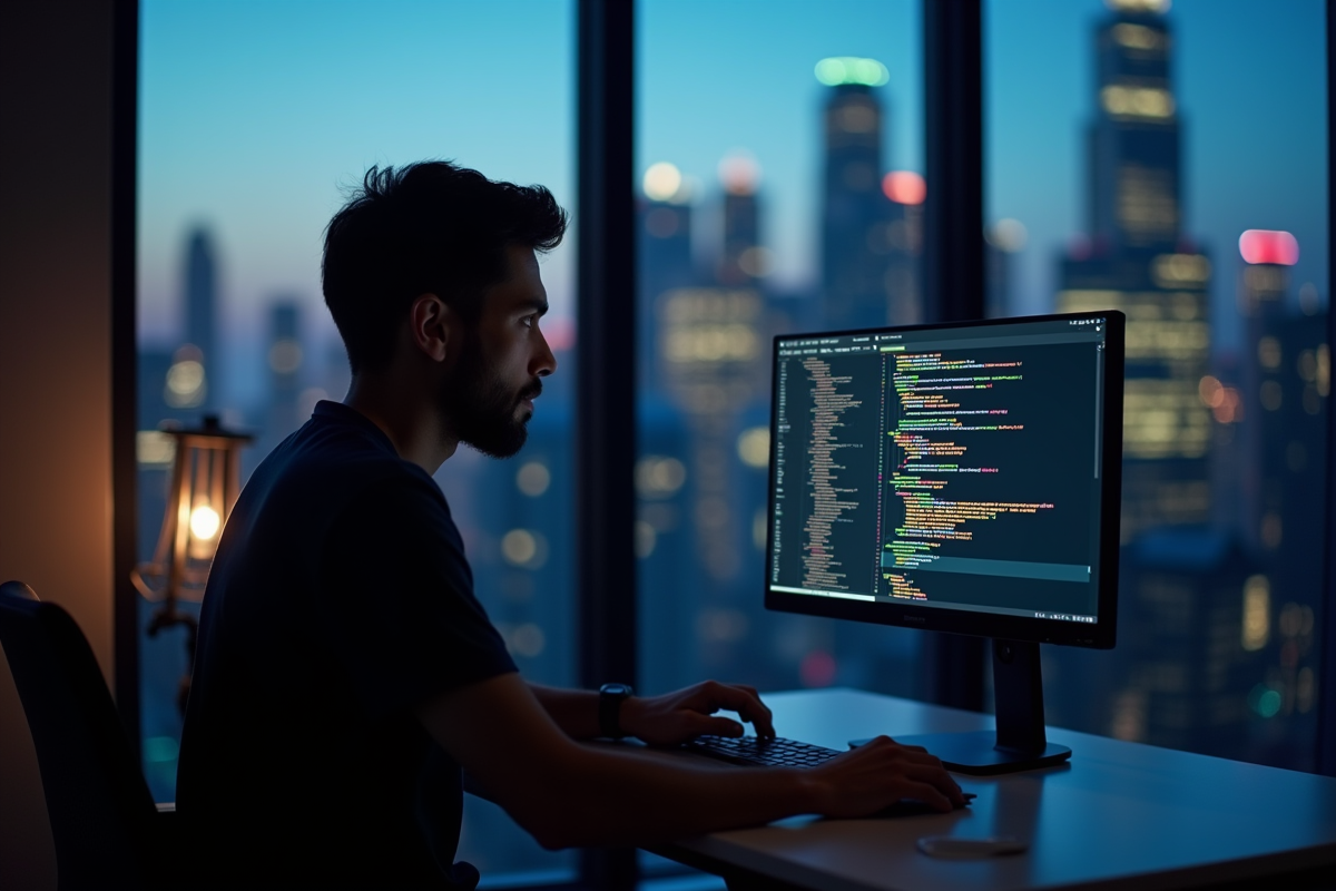 Developpeur concentré travaillant tard dans un bureau moderne