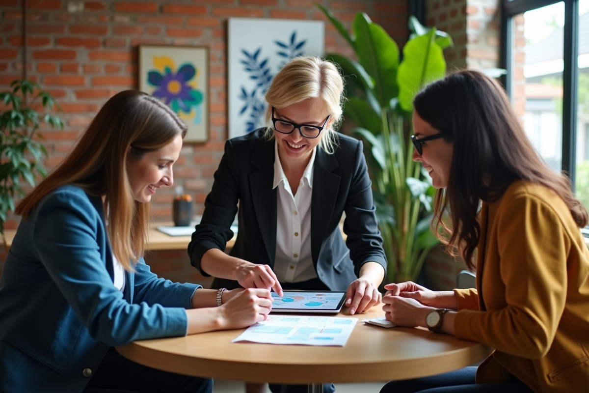 Groupe de professionnels en discussion dans un espace de coworking