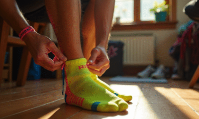 Coureur nouant des chaussettes Kiprun avant course