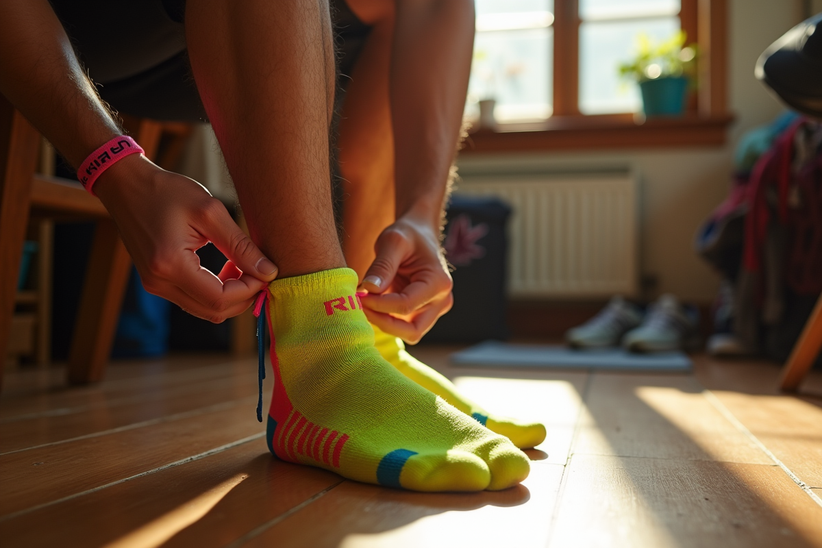Coureur nouant des chaussettes Kiprun avant course