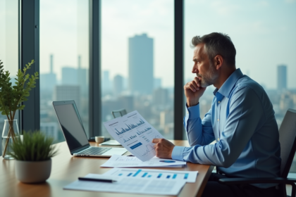 Économiste homme en bureau moderne avec graphiques
