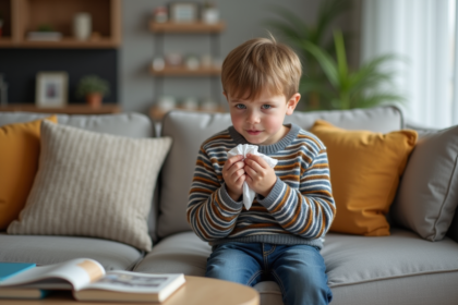Jeune garçon malade avec mouchoir dans un salon moderne