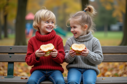 Deux enfants partageant un sandwich en automne dans un parc