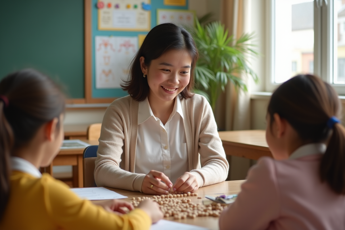 Enseignante avec enfants dans une classe lumineuse et organisée