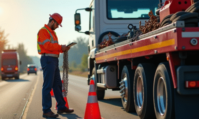 Ouvrier de dépanneuse organisant outils essentiels au bord de la route