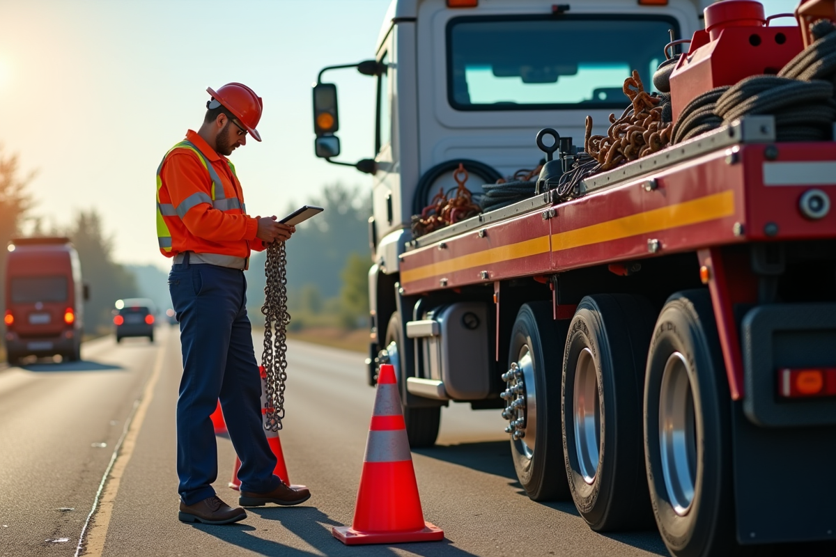 Ouvrier de dépanneuse organisant outils essentiels au bord de la route