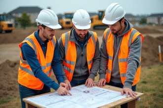 Groupe d'ingénieurs civils examinant des plans sur un chantier