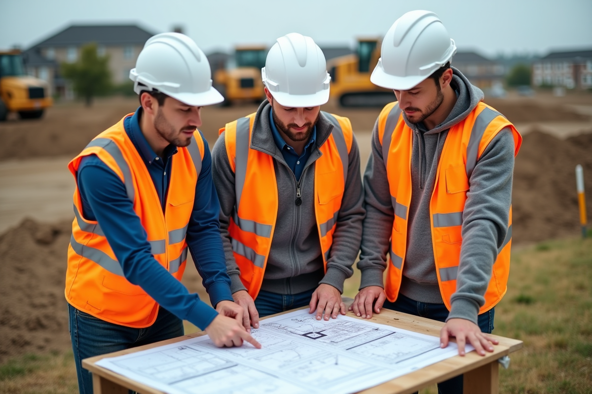 Groupe d'ingénieurs civils examinant des plans sur un chantier