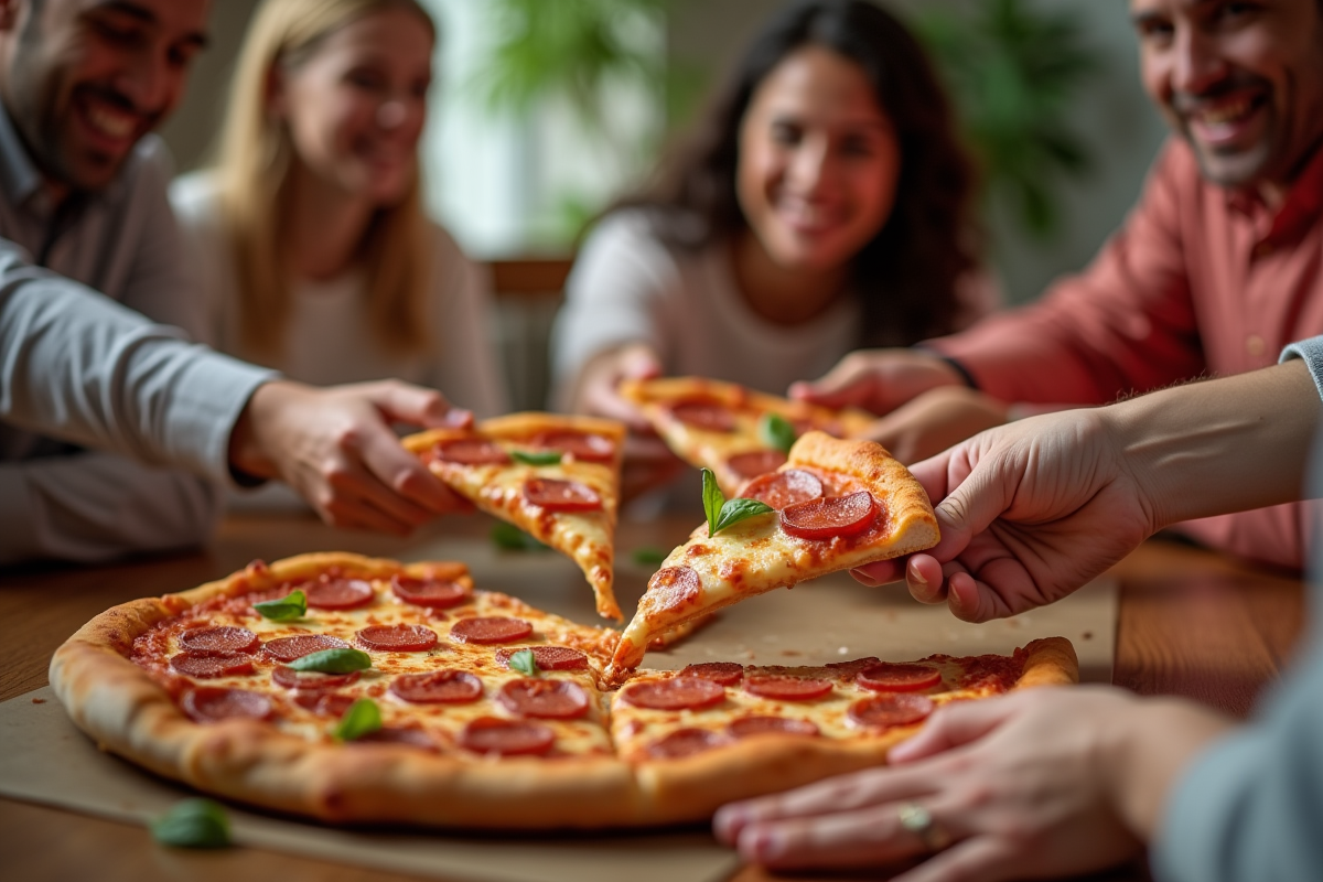 Famille partageant une pizza chorizo autour de la table
