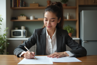 Jeune femme au domicile remplissant des formulaires de logement