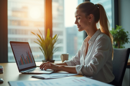Femme d'affaires travaillant sur un bureau moderne avec graphiques financiers
