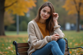 Jeune femme en automne touche son pull en laine