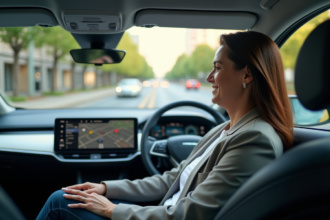 Femme d'âge moyen dans une voiture autonome moderne