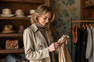 Femme élégante dans une boutique parisienne examine un foulard en soie