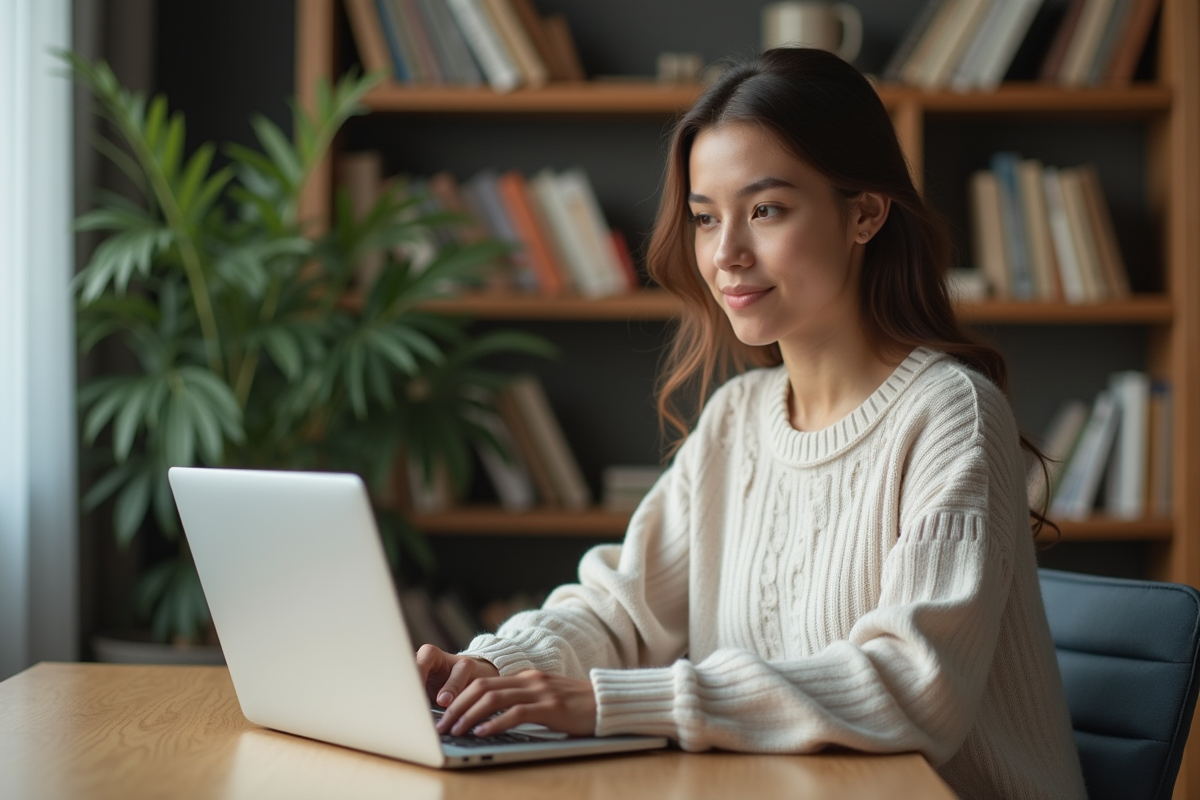 Jeune femme travaillant sur un ordinateur portable dans un bureau cosy
