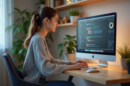 Jeune femme au bureau utilisant un ordinateur portable
